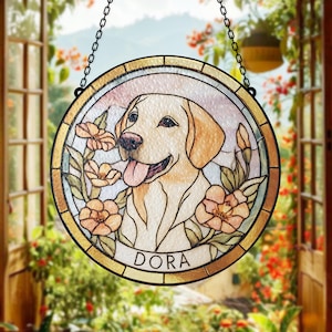 Custom Stained Glass Yellow Labrador Retriever Suncatcher Dog Window Panel with Flowers Personalized Pet Gift