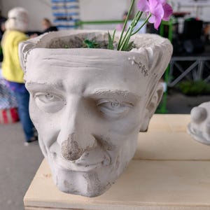 May include: A light grey, cement-like planter shaped like a Frankenstein monster head. The planter has stitched details and holds a few green plants and purple flowers. The planter sits on a light-coloured wooden shelf.