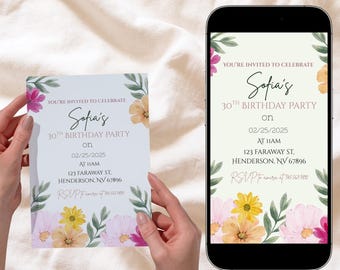 Pode incluir: Um convite de aniversário com detalhes florais. O convite diz "30º Aniversário de Sofia" com data, hora e local. Um smartphone mostra o mesmo design de convite.