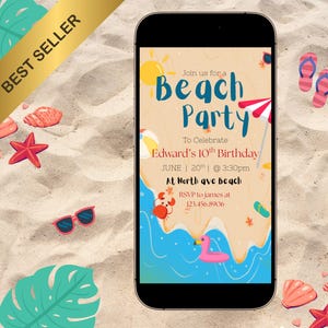 May include: A digital invitation for a beach party to celebrate Edward's 10th birthday. The invitation features a beach scene with a sun, waves, a crab, a flamingo float, and flip flops. The text reads "Join us for a Beach Party to Celebrate Edward's 10th Birthday June | 20th | 3:30pm At North ave Beach RSVP to james at 123.456.8906"