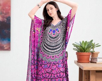 Robe Longue Femme Kaftan En Soie Pure Rouge-Vert Maxi Tunique PS