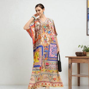 Boho Silk Kaftan Dress for Women | Elegant Flowy Maxi | Plus Size Maternity Resort and Vacation Wear