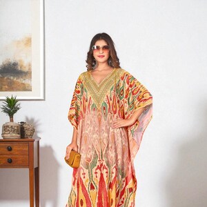 Bohemian Luxe Kaftan Dress | Hand Printed Silk | Beach Resort, Festival, Cruise, Maternity, Lounge, Vacation Occasion