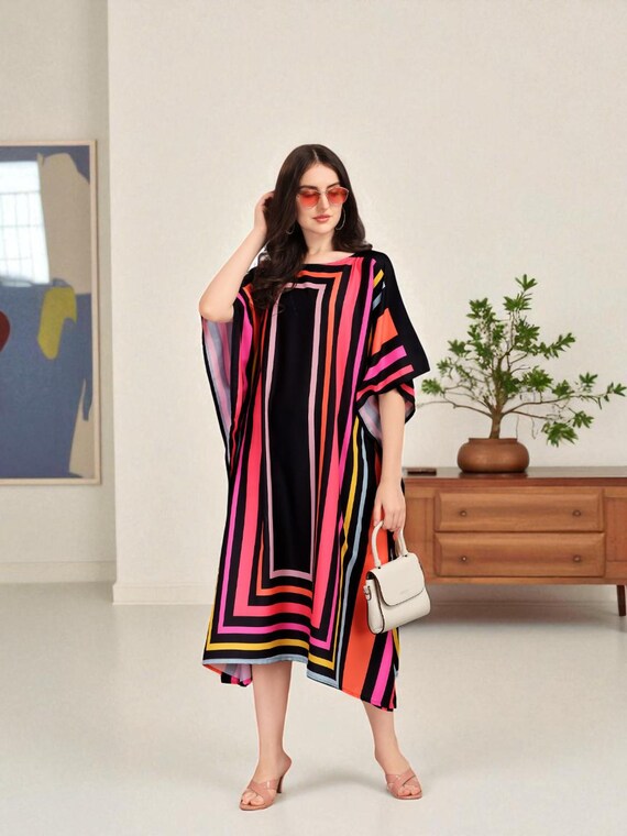Neon Boho Kaftan Dress | Tie Dye Cotton Maxi | Festival Beach Cover Up, Maternity, Pool Party, Cruise Lounge, Relax Fashion