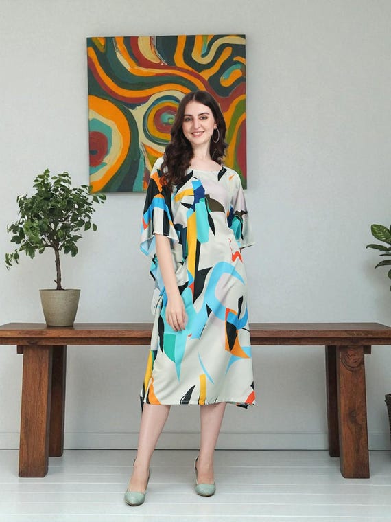 Boho Metallic Kaftan Dress | Printed Silk Maxi | Eid, Wedding, Festival,  Cruise Lounge, Baby Shower, Beach Vacation Style