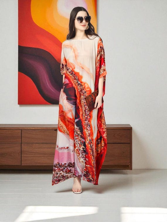 Arabian Boho Kaftan Dress | Soft Silk Maxi | Beach Cover Up, Pool Party, Festival, Cruise, Maternity, Relax Lounge Wear