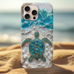 MagSafe-hoesje zeeschildpad, op oceaan geïnspireerd strandtelefoonhoesje, mozaïekschildpadkunst, kustesthetiek iPhone-covercadeau