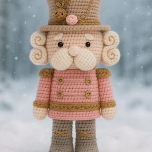 Può includere: Bambola schiaccianoci all'uncinetto fatta a mano. La bambola ha un cappello marrone chiaro con un coniglietto, una giacca rosa con finiture dorate e stivali grigi. Il viso è color crema con occhi neri e baffi bianchi. Decorazione natalizia.