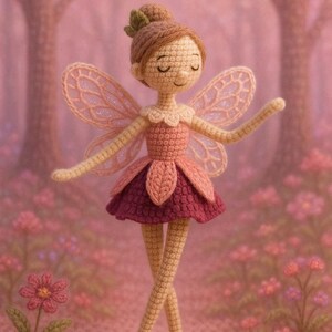 Könnte beinhalten: Eine handgefertigte Häkelfee-Puppe mit einem rosa-burgunderfarbenen Kleid, zarten Flügeln und einer Dutt-Frisur. Die Puppe steht in einer rosa Blumenszene mit einem friedlichen Ausdruck. Die Fee ist etwa 15 cm groß.