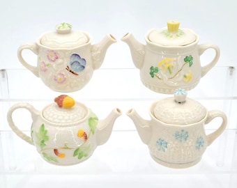 Belleek Irland Mini Teekannen ""Four Seasons"" 4er Komplettes Set ~ Tadelloser Zustand!"