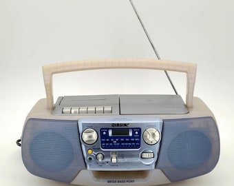 Altavoz portátil Sony CFD-V177 Mega Bass vintage, transparente, raro, de los años 90, con cable de alimentación (FUNCIONA)
