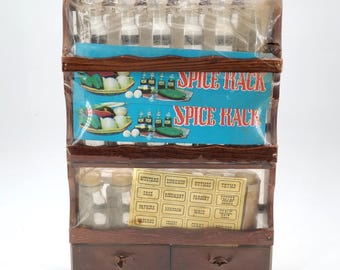 Vintage MCM Spice 3 Tier Rack With 2 Drawers & 18 Apothecary Spice Jars NOS