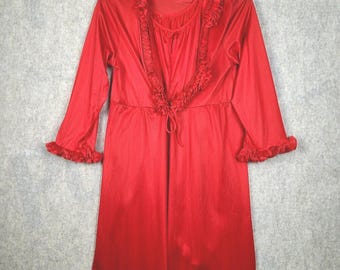 VTG 60's Danni USA Red M Peignoir Nightgown & Robe Set Long Lingerie Classic