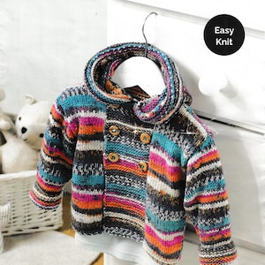 May include: A multi-coloured striped baby cardigan with a hood, displayed on a hanger. The garment has a mix of blue, pink, orange, and black stripes. The text "SIRDAR" is at the top, with "Easy Knit" in a black circle. The text "Snuggly Baby Crofter DK" is at the bottom.