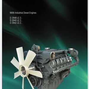 Puede incluir: Un manual de reparación para motores diésel industriales MAN que muestra un gran motor gris con un ventilador de refrigeración blanco. La portada muestra el texto Repair manual, MAN, MAN-Industrial Diesel Engines y los modelos D 2848 LE 2, D 2840 LE 2 y D 2842 LE 2.