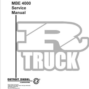 Peut inclure: Une couverture de manuel d'entretien blanc pour le moteur MBE 4000, datée de mars 2004. Le texte indique MBE 4000 Service Manual, 6SE412 MARCH 2004 et Detroit Diesel Corporation. Un grand logo stylisé R et TRUCK est centré avec un symbole de flèche.