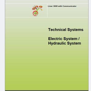 Può includere: Una copertina di manuale tecnico per il CLAAS Liner 3000 con Communicator. Il documento presenta il logo rosso CLAAS, un piccolo grafico del macchinario e il testo Technical Systems, Electric System / Hydraulic System e SERVICE & PARTS.