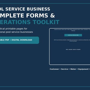 Puede incluir: Un kit de herramientas digitales para empresas de servicio de piscinas con 28 páginas imprimibles. El gráfico azul oscuro muestra el texto POOL SERVICE BUSINESS COMPLETE FORMS & OPERATIONS TOOLKIT, PRINTABLE PDF • DIGITAL DOWNLOAD y Customer • Service • Water • Equipment • Billing.