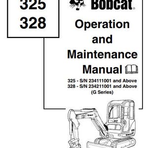 Peut inclure: Dessin au trait noir et blanc d'un manuel d'utilisation et d'entretien Bobcat. Le manuel comprend le texte "Operation and Maintenance Manual" et le logo Bobcat. Une petite excavatrice est également illustrée.