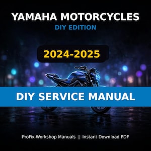 Op de afbeelding: Een digitale documentomslag met de titel YAMAHA MOTORCYCLES DIY EDITION 2024-2025 DIY SERVICE MANUAL. De afbeelding toont een blauwe motorfiets met een oplichtende koplamp tegen een donkere achtergrond met wazige lichten en de tekst ProFix Workshop Manuals.