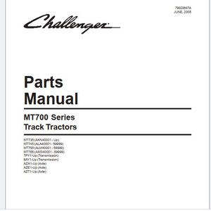 Peut inclure: Un manuel de pièces Challenger blanc pour les tracteurs à chenilles de la série MT700, daté de juin 2005. La couverture présente le logo Challenger, le texte Parts Manual et une liste de modèles spécifiques dont MT735, MT745, MT755 et MT765.