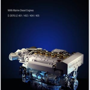 Peut inclure: Un manuel de réparation pour les moteurs diesel marins MAN, modèles D 2876 LE 401, 402, 404 et 405. La couverture présente le logo MAN et un grand moteur diesel marin blanc avec des couvre-culasses dorés sur un fond bleu dégradé.