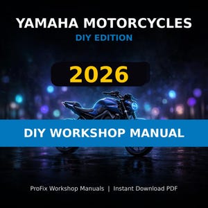 Op de afbeelding: Een digitale documentomslag getiteld YAMAHA MOTORCYCLES DIY EDITION 2026 DIY WORKSHOP MANUAL met een blauwe motorgrafiek tegen een donkere achtergrond met bokeh-lichten en de tekst ProFix Workshop Manuals Instant Download PDF.