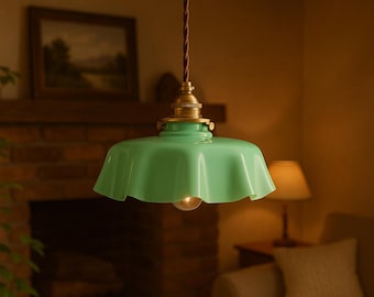 Floral Jade Glass Flower Pendant Light – Sage Green Hanging Ceiling Lamp for Kitchen, Dining Room, Bedroom – Soft Ambient Lighting