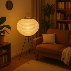Lampe de table japonaise sur trépied en papier de riz | Lanterne lumineuse Akari Wabi-Sabi | Éclairage d'ambiance doux pour la chambre à coucher, le salon ou une décoration zen