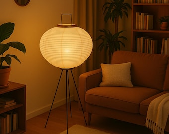 Japanese Rice Paper Tripod Table Lamp | Akari Wabi-Sabi Lantern Light | Soft Ambient Lighting for Bedroom, Living Room or Zen Decor