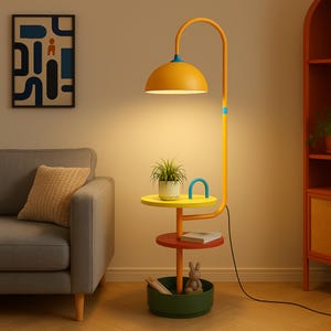 Modern Orange Floor Lamp with Shelf: Mid-Century Metal Standing Light