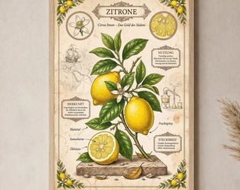 Vintage Lemon Poster | Kitchen Wall Art | Lemon Bar Decor | Gold of the South Gift | Botany in German | A1/A2/A3/A4 250g Paper