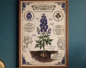 Blue Monkshood Vintage Poster | Dark Cottagecore Wall Art | German Educational Chart | A1/A2/A3/A4 250g Paper