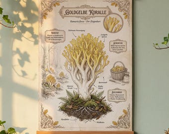 Golden Coral Vintage Poster | Cottagecore Wall Art | Goat's Beard Mushroom | Mushroom Picker Gift | German A3 250g