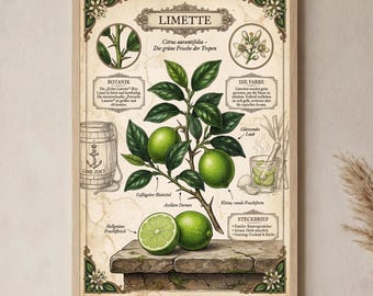 Lime Vintage Poster | Kitchen Wall Art | Bar Decor Tropical | Botany German | A1/A2/A3/A4 250g paper