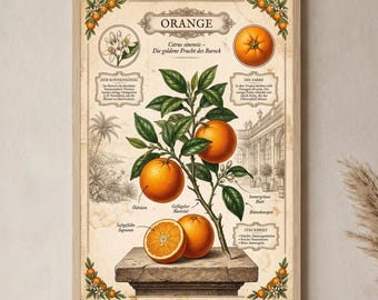 Orange Vintage Poster | Kitchen Wall Art | Baroque Dining Room Decor | Fruit Gift | Botany in German | A1/A2/A3/A4 250g Paper