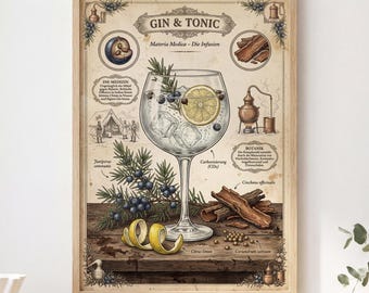 Gin and Tonic Vintage Poster | Bar Decor | Kitchen Wall Art | Gin Lover Gift | German | A1/A2/A3/A4 250g Paper
