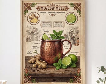 Vintage Moscow Mule Poster | Home Bar Wall Art | Cocktail Gift for Men | German | A1/A2/A3/A4 250g Paper