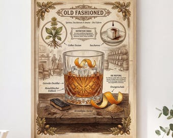 Old Fashioned Poster | Man Cave Decor | Bourbon Gift for Dad | Classic Cocktail Print | German | A1/A2/A3/A4 250g Paper