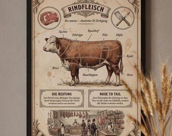 Beef Vintage Poster | Steakhouse Decor | Kitchen Art | BBQ Gift | German A3 250g