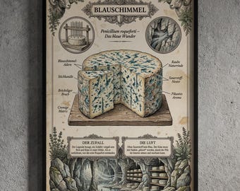 Blue Cheese Vintage Poster | Rustic Kitchen Wall Art | Roquefort Decor | Wine & Cheese Gift | German A3 250g