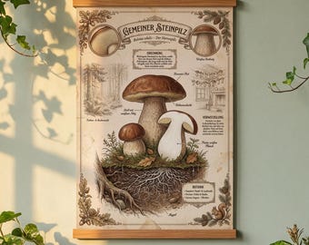 Common Porcini Mushroom Vintage Poster | Botanical Wall Art | Farmhouse Living Room | Old German Educational Chart A3 250g