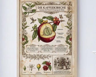 Vintage Coffee Cherry Picture | Coffee Bar Decor | Farmhouse Kitchen Wall Art | Botanical Kitchen Poster | A3 250g