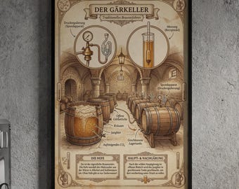 Vintage Fermentation Cellar Poster | Man Cave Decor | Rustic Bar Decor | Craft Beer Accessories | German Knowledge A3