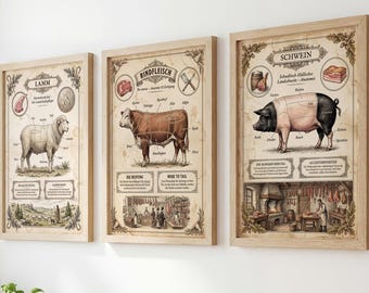 Butcher Shop Poster Set | Pork, Beef, Lamb | Kitchen Wall Art | Butcher Gift | Educational Chart A3 250g