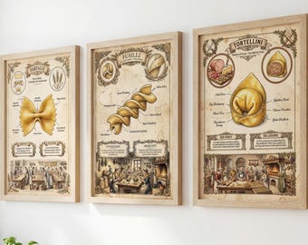 Pasta Poster Set | Tortellini, Farfalle, Fusilli | Kitchen Wall Art | Italian Gift | 3x German A3 250g