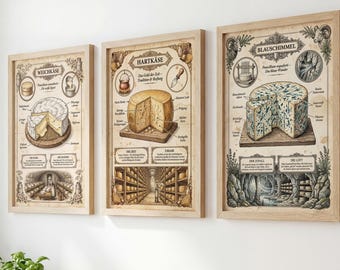 Set of 3 Vintage Cheese Posters | French Country Kitchen Decor | Gourmet Gallery Wall | Cheese Platter Gift Set | German A3 250g