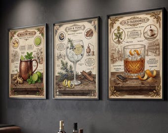 Set of 3 Cocktail Vintage Posters | Gallery Wall Set Bar | Home Bar Decor Kitchen | Gin Whiskey Mule | German | A1/A2/A3/A4 250g paper