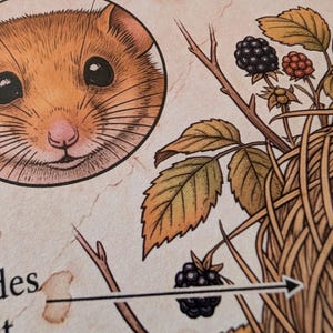 Op de afbeelding: Een gedetailleerde illustratie op gestructureerd papier met een close-up van het gezicht van een bruine hazelmuis in een cirkel, naast een geweven nest van takjes, groene en bruine bladeren en rijpe zwarte en rode bramen met de tekst Muscardinus.