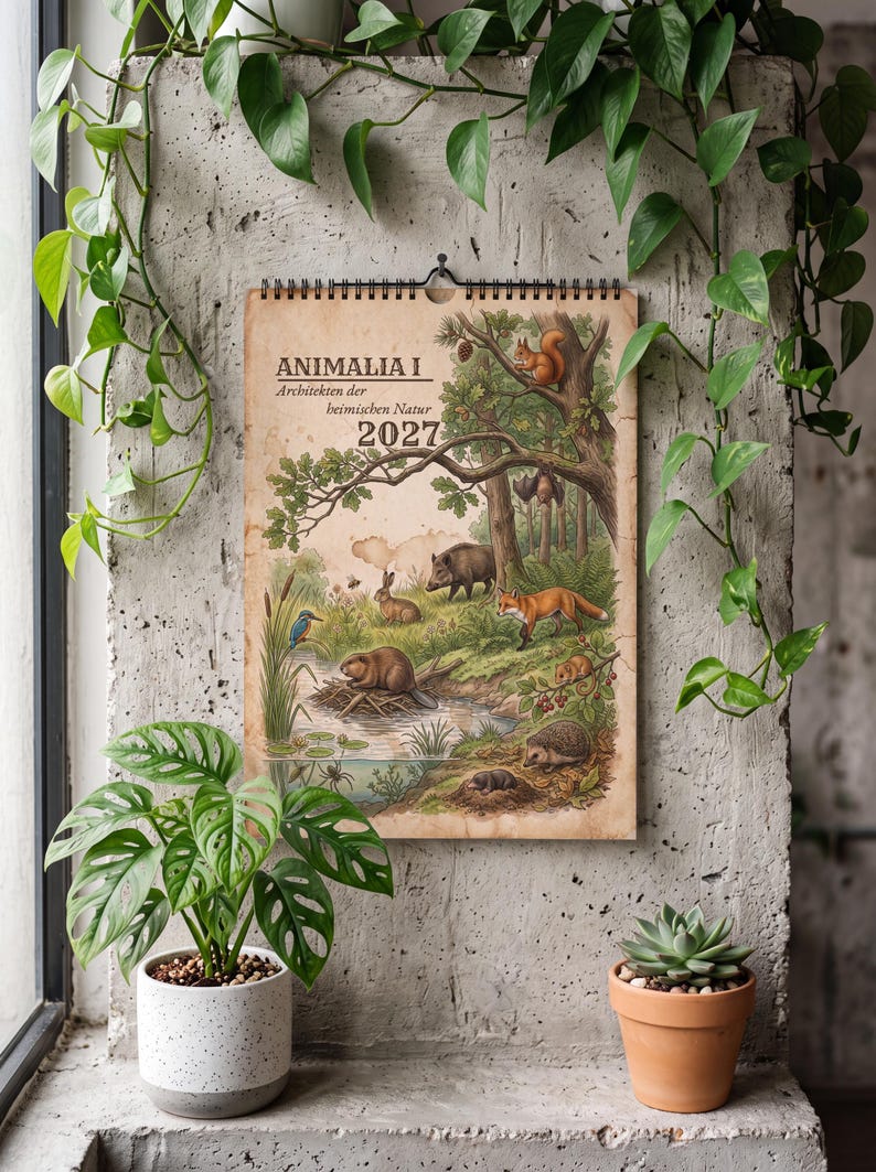 Op de afbeelding: Een wandkalender voor 2027 met de titel ANIMALIA I Architekten der beimischen Natur, voorzien van een vintage-stijl illustratie van diverse bosdieren, waaronder een eekhoorn, everzwijn, vos, bever en een egel in een bosrijke omgeving.